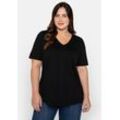 T-Shirt SHEEGO "Große Größen", Damen, Gr. 40/42, schwarz, Obermaterial: 100% Baumwolle, unifarben, casual, figurumspielend normal, V-Ausschnitt, Kurzarm, Shirts, mit dekorativer Falte vorne