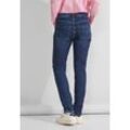 Gerade Jeans STREET ONE, Damen, Gr. 25, Länge 32, blau (mid indigo random wash), Jeans, 85% Baumwolle, 9% Polyester, 4% Elastomultiester, 2% Elasthan, unifarben, casual, lang, Jeans, High Waist