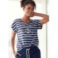 T-Shirt H.I.S, Damen, Gr. 32/34, blau (dunkelblau), Sweatware, Obermaterial: 100% Baumwolle, gestreift, casual, Basic hüftlang, Rundhals, Kurzarm angeschnitten elastischer Bund, Shirts, mit kurzen Ärmeln