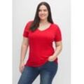 T-Shirt SHEEGO "Große Größen", Damen, Gr. 40/42, rot (schwarz, mohnrot), Obermaterial: 100% Baumwolle, unifarben, casual, figurumspielend normal, V-Ausschnitt, Kurzarm, Shirts, im Doppelpack, mit V-Ausschnitt