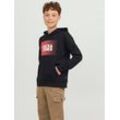 Hoodie JACK & JONES JUNIOR "JJECORP LOGO SWEAT HOOD PLAY NOOS JNR", Jungen, Gr. 128, schwarz, Sweatware, Obermaterial: 70% Baumwolle, 30% Polyester, bedruckt, casual, regular fit, Langarm Rippbündchen, Sweatshirts