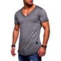 T-Shirt BEHYPE "NUKE", Herren, Gr. L, grau (dunkelgrau), 100% Baumwolle, unifarben, casual, V-Ausschnitt, Kurzarm, Shirts, mit V-Ausschnitt