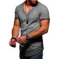 T-Shirt BEHYPE "DANNY", Herren, Gr. L, grau (dunkelgrau), 100% Baumwolle, unifarben, casual, Kurzarm, Shirts, mit modernem V-Ausschnitt