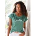 T-Shirt BEACHTIME "mit Frontdruck "Smile"", Damen, Gr. 32/34, grün (mint), Obermaterial: 100% Baumwolle, bedruckt, modisch, bequem normal, Rundhals, Kurzarm mit Aufschlag, Shirts, aus weicher Baumwoll-Qualität, Topseller