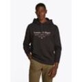 Hoodie TOMMY HILFIGER "HILFIGER CENTER STACK HOODY", Herren, Gr. L, schwarz, Sweatware, Obermaterial: 100% Baumwolle, casual, regular fit, Langarm Rippbündchen, Sweatshirts, mit großem mehrfarbigen Print