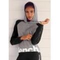 Kapuzensweatshirt BENCH. LOUNGEWEAR, Damen, Gr. 36/38, grau (grau, schwarz), Sweatware, Obermaterial: 60% Baumwolle, 40% Polyester, unifarben, meliert, mehrfarbig, Basic, Basic taillenbedeckt, ohne Ausschnitt, Langarm Bündchen, Sweatshirts Hoodie Sweatshirt, mit farblich abgesetzten Ärmeln und Logodruck, Loungeanzug, Hoodie