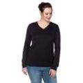 V-Ausschnitt-Pullover SHEEGO "Große Größen", Damen, Gr. 40/42, schwarz, Feinstrick, Obermaterial: 50% Baumwolle, 50% Polyacryl, unifarben, casual, figurumspielend normal, V-Ausschnitt, Langarm, Pullover, aus Feinstrick