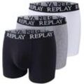 Boxershorts REPLAY "BOXER Style 01/C Basic Cuff Logo 3pcs Box", Herren, Gr. L, weiß (schwarz, grau, weiß), Jersey, Obermaterial: 95% Baumwolle, 5% Elasthan, unifarben, Unterhosen, mit Logoschriftzug am elastischen Bund