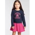 Jerseykleid KIDSWORLD "PRINZESSIN IN AUSBILDUNG", Mädchen, Gr. 104/110, N-Gr, blau (marine, pink), Single Jersey, Obermaterial: 95% Baumwolle, 5% Elasthan, bedruckt, mehrfarbig, modisch, ausgestellt kniefrei, Rundhals, Langarm abgesteppte Kante, Kleider, festliche Anlässe, kniefreies Kleid, eleganter Stil