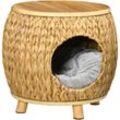 Katzenhöhle aus Rattan 2-in-1 Design Katzenkorb mit Kissen Katzenbett Katzenhütte Haustierbett Wasserhyazinthengras Paulownia Holz Hellbraun+Grau 44