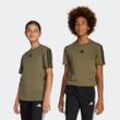 T-Shirt ADIDAS SPORTSWEAR "J 3S TEE 160", Kinder, Gr. 128, grün (olive strata, schwarz), Obermaterial: 100% Baumwolle, sportlich, Rundhals, Shirts