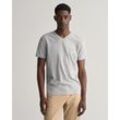 T-Shirt GANT "SLIM SHIELD V-NECK T-SHIRT", Herren, Gr. L, grau (grau melange), Jersey, Obermaterial: 100% Baumwolle, Basic, slim fit hüftbedeckend, V-Ausschnitt, Kurzarm abgesteppte Kante, Shirts, mit einer kleinen Logostickerei auf der Brust