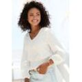 Langarmbluse BUFFALO, Damen, Gr. 34, beige (creme), Web, Obermaterial: 100% Viskose, unifarben, modisch, taillenbedeckt, Langarm elastischer Bund mit Gummizug, Blusen, mit breitem Smoksaum, sommerliche Damenbluse mit V-Ausschnitt