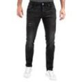 Slim-fit-Jeans PEAK TIME "München", Herren, Gr. 30, Länge 32, grau (dunkelgrau), Denim/Jeans, Obermaterial: 87% Baumwolle, 9% Polyester, 4% Elasthan, Abriebeffekte, Destroyed-Effekte, Basic, slim fit knöchellang, Jeans 5-Pocket-Jeans, Herren Jeans mit Stretch-Bund und Destroyed-Optik