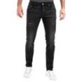 Slim-fit-Jeans PEAK TIME "München", Herren, Gr. 30, Länge 34, grau (dunkelgrau), Denim/Jeans, Obermaterial: 87% Baumwolle, 9% Polyester, 4% Elasthan, Abriebeffekte, Destroyed-Effekte, Basic, slim fit knöchellang, Jeans 5-Pocket-Jeans, Herren Jeans mit Stretch-Bund und Destroyed-Optik