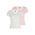 T-Shirt TOMMY JEANS "TJW 2PACK V-NECK TEE", Damen, Gr. XS (34), ecru, precious pink, Jersey, Obermaterial: 100% Baumwolle, unifarben, casual, regular fit hüftlang, V-Ausschnitt, Kurzarm abgesteppt, Shirts, mit Logostickerei