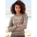 BENCH. LOUNGEWEAR Sweatshirt taupe Gr. 32/34 für Damen. Rundhals und Stickerei. Bequem. Nachhaltig.