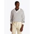 Polokragenpullover TOMMY HILFIGER "ESSENTIAL COTTON LS JONNY COLLAR", Herren, Gr. M, blau (ivory petal, desert sky), Strick, Obermaterial: 100% Baumwolle, geringelt, casual, V-Ausschnitt, Langarm Rippbündchen, Pullover