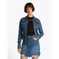 Jeansjacke TOMMY JEANS "VIVIANNE SKN JACKET EXT BI8130", Damen, Gr. L (40), blau (denim medium), Denim/Jeans, Obermaterial: 99% Baumwolle, 1% Elasthan, unifarben, casual, skinny fit kurz, Langarm Ärmel mit Ärmelschlitz 1-Knopf-Manschette, Jacken, mit Logo-Badge