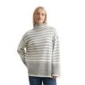 Stehkragenpullover MARC O'POLO "mit Streifen-Dessin", Damen, Gr. L, striped, mid stone melange, Obermaterial: 100% Baumwolle, gestreift, casual, Langarm, Pullover