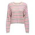 Strickpullover ONLY "ONLASA LS SHORT O-NECK CC KNT", Damen, Gr. L (40), birch stripes:gray mist, violet ice, fuchsia pink, Strick, Obermaterial: 60% Baumwolle, 40% Polyacryl, gestreift, modisch, regular fit, Rundhals, Langarm, Pullover