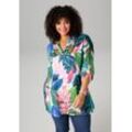 Longbluse ANISTON PLUS, Damen, Gr. 44, stein, marine, dunkelgrün, lachs, fuchsia, smaragd, gelb, petrolgrün, royalblau, apfelgrün, orange, rosa, hellgrau, weiß, Web, Obermaterial: 60% Baumwolle, 40% Viskose, bedruckt, Leinenoptik, modisch, lässig geschnitten ca. Mitte Oberschenkel, V-Ausschnitt, 3/4-Ärmel Krempelärmel, Blusen, mit großflächigen, tropischen Blättern bedruckt - NEUE KOLLEKTION, Tops
