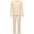 Pyjama S.OLIVER, Damen, Gr. 32/34, beige (beige, weiß, gestreift), Single Jersey, Obermaterial: 60% Baumwolle, 40% Polyester, gestreift, unifarben, casual, bequem lang, Rundhals, Langarm, Homewear-Sets, mit garngefärbten Streifen im Oberteil