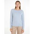 Strickpullover TOMMY HILFIGER "CO JERSEY STITCH BOAT-NK SWEATER", Damen, Gr. M (38), blau (breezy blau), Strick, Obermaterial: 67% Baumwolle, 33% Polyamid, unifarben, casual, Basic hüftlang, U-Boot-Ausschnitt, Langarm Bündchen, Pullover, mit Tommy Hilfiger Logo-Flag am Ärmel