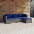 4-Tlg. Garten-Lounge-Set Mit Kissen Poly Rattan Grau Grau Und Dunkelblau