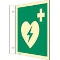 moedel Fahnenschild „Automatischer externer Defibrillator AED“, EN ISO 7010, Leuchtklasse C, 160 mcd/m², bis 14,8 m, L 148 x B 148 mm, Kunststoff