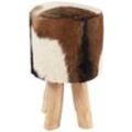 Landscape Hocker , Braun, Natur, Weiß , Holz, Leder , Echtleder , Ziegenleder , Teakholz , massiv , rund , 32x50x32 cm , Wohnzimmer, Hocker,