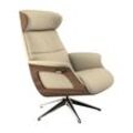 Relaxsessel FLEXLUX "Clement Relaxstuhl, Polstersessel, Liegesessel, TV-Sessel", beige (sandy beige), B:83cm H:112cm T:125cm, 100% Polyester, Sessel, Rücken- & Kopfteilverstellung, Drehbar, Armlehne Walnuss, Fuß Alu