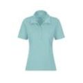 Poloshirt TRIGEMA "TRIGEMA Poloshirt aus Baumwolle mit Kristallsteinen", Damen, Gr. L, blau (gletscher), 100% Baumwolle, Basic, Kurzarm, Shirts