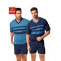 Pyjama LE JOGGER, Herren, Gr. 44/46 (S), blau (blau, marine), Jersey, Obermaterial: 100% Baumwolle, unifarben mit Farbeinsätzen, Basic, bequem kurz, V-Ausschnitt, Kurzarm abgesteppte Kante, Homewear-Sets, Schlafanzug mit kontrastfarbigen Einsätzen vorn