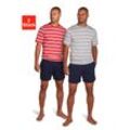 Pyjama AUTHENTIC LE JOGGER, Herren, Gr. 44/46 (S), rot (rot, grau), Jersey, Obermaterial: 100% Baumwolle, unifarben, gestreift, Basic, bequem kurz, Rundhals, Kurzarm abgesteppte Kante, Homewear-Sets, Schlafanzug mit gestreiften Oberteilen