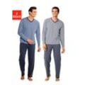 Pyjama LE JOGGER, Herren, Gr. 44/46 (S), blau (blau, marine, grau, anthrazit), Single Jersey, Obermaterial: 100% Baumwolle, gestreift, Basic, lang, V-Ausschnitt, Langarm abgesteppte Kante, Homewear-Sets, Schlafanzug mit garngefärbten Streifen
