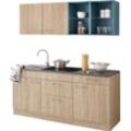 Küchenzeile OPTIFIT "Mini", braun (front: eichefarbenfarben, anthrazit, korpus: eichefarben, arbeitsplatte: anthrazit), B:180cm H:85cm T:60cm, Komplettküchen-Sets, Breite 180 cm, mit Glaskeramik-Kochfeld, mit Arbeitsplatte