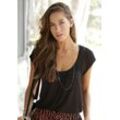 V-Shirt LASCANA, Damen, Gr. 32/34, schwarz, Jersey, Obermaterial: 100% Viskose, casual, figurumspielend hüftlang, tiefer V-Ausschnitt, Kurzarm, Shirts, mit breitem Gummizugbund, T-Shirt mit V-Ausschnitt, Basic