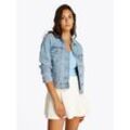 Jeansjacke TOMMY JEANS "CLASSIC TRUCKER JACKET BI8110", Damen, Gr. M (38), blau (denim light), Denim/Jeans, Obermaterial: 99% Baumwolle, 1% Elasthan, unifarben, casual, regular fit kurz, Langarm Ärmel mit Ärmelschlitz 1-Knopf-Manschette, Jacken, mit Brusttaschen, Logo-Badge