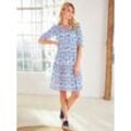 Druckkleid HEINE "Druck-Kleid", Damen, Gr. 34, Normalgrößen, blau (ecru, royalblau, gemustert), 100% Viskose, gemustert, bedruckt, kurz, Rundhals, Kurzarm, Kleider