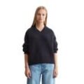Strickpullover MARC O'POLO DENIM "aus kuscheligem Schurwolle-Mohair-Mix", Damen, Gr. L, blau (blau depths), Obermaterial: 36% Schurwolle, 31% Polyamid, 15% Polyester, 15% Mohair, 3% Elasthan, unifarben, V-Ausschnitt, Langarm, Pullover