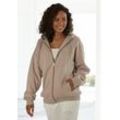 Kapuzensweatjacke LASCANA, Damen, Gr. 32/34, grau (taupe), Sweatware, Obermaterial: 60% Baumwolle, 40% Polyester, unifarben, bestickt, casual, bequem hüftbedeckend, Langarm Rippbündchen, Sweatjacken, mit seitlichen Taschen und Innen angeraut, Loungewear
