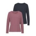 Langarmshirt LASCANA "mit Streifenstruktur", Damen, Gr. 32/34, transparent (beere, navy), Jersey, Obermaterial: 100% Baumwolle, unifarben, Basic, normal normal, Rundhals, Langarm abgesteppt, Shirts, aus weicher Baumwoll-Qualität