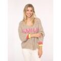 Strickpullover ZWILLINGSHERZ ""Smile"", Damen, beige, Strick, Obermaterial: 57% Polyamid, 29% Polyester, 7% Wolle, 7% Viskose, unifarben mit Farbeinsatz, modisch, relaxed fit hüftlang, V-Ausschnitt, Langarm, Pullover, mit fröhlichem Aufdruck, One Size