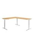 Winkelschreibtisch AERO FLEX, elektrisch höhenverstellbar, 90° Winkel, T-Fuß, B 2000 x T 2400 mm, Buche/weißalu + Memorypanel