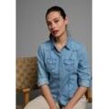 Jeansbluse ARIZONA "mit Druckknöpfen in Perlmuttoptik", Damen, Gr. 36, blau (bleached), Jeans, Obermaterial: 100% Baumwolle, unifarben, Basic, figurbetont, Langarm mit Druckknöpfen, Blusen Bluse Hemdbluse Jeansbluse, und Krempelärmeln