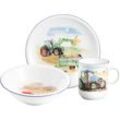Kindergeschirr-Set SELTMANN WEIDEN "Compact Mein Traktor", bunt (weiß, bunt), 3 tlg., Porzellan, Geschirr-Sets, Teller, Schüssel, Becher, Made in Germany, 3 Teile, für 1 Person