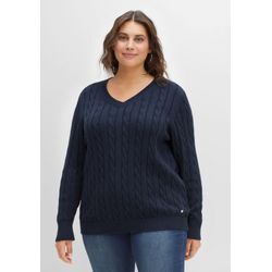 Pullover mit Zopfmuster und V-Ausschnitt, nachtblau, Gr.48/50