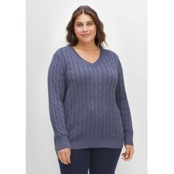 Pullover mit Zopfmuster und V-Ausschnitt, indigo, Gr.52/54