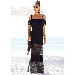 LASCANA Maxikleid schwarz Gr. 34 für Damen. Carmenausschnitt und Spitze. Figurumspielend